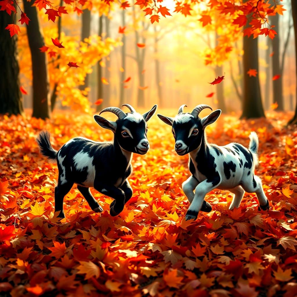 Playful Goat Kids in Autumn Forest Matte Painting
