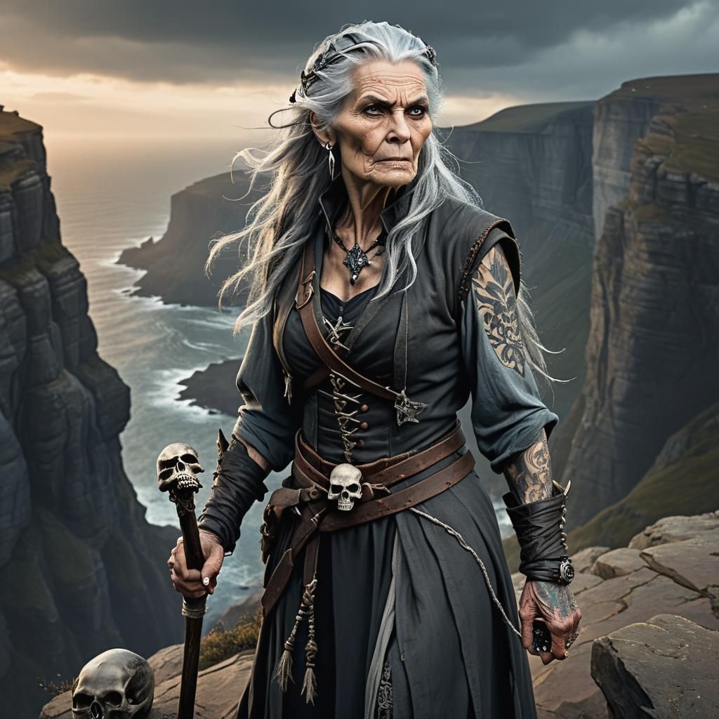 Enraged Witch on Cliff in Fantasy Horror Style