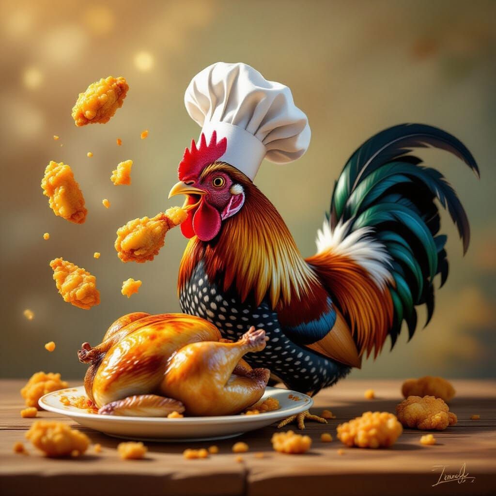 Surreal Rooster Chef Eats Chicken, Fried Chicken Erupts