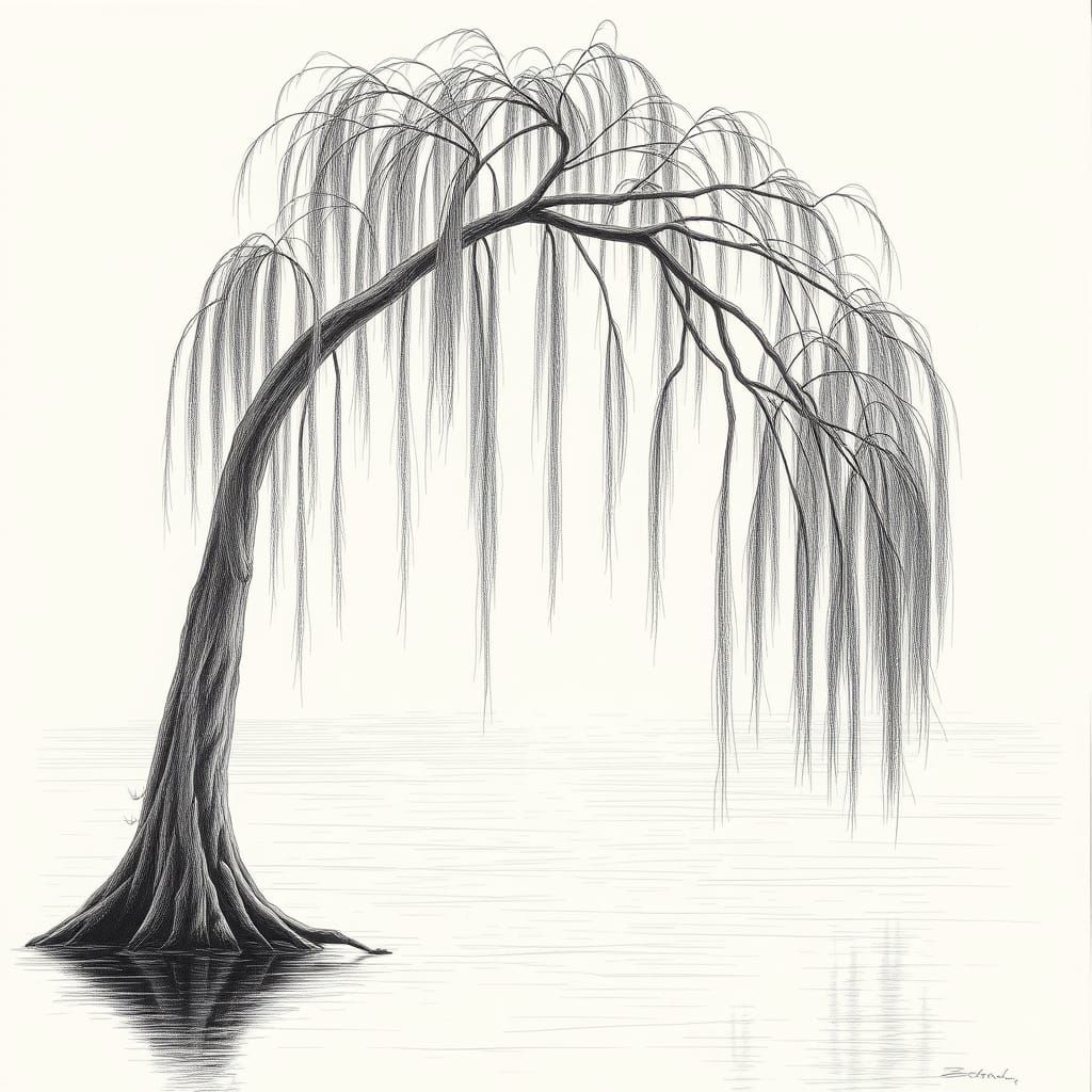 Ancient Willow Tree Sketch Over Still Lake
