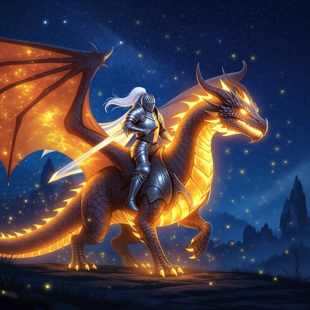 Knight Rides Firefly Dragon in Starry Fantasy Artwork
