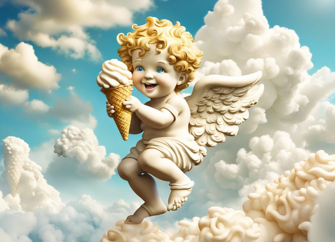 Smiling Putto Enjoys Cloud Ice Cream in Sunny Sky
