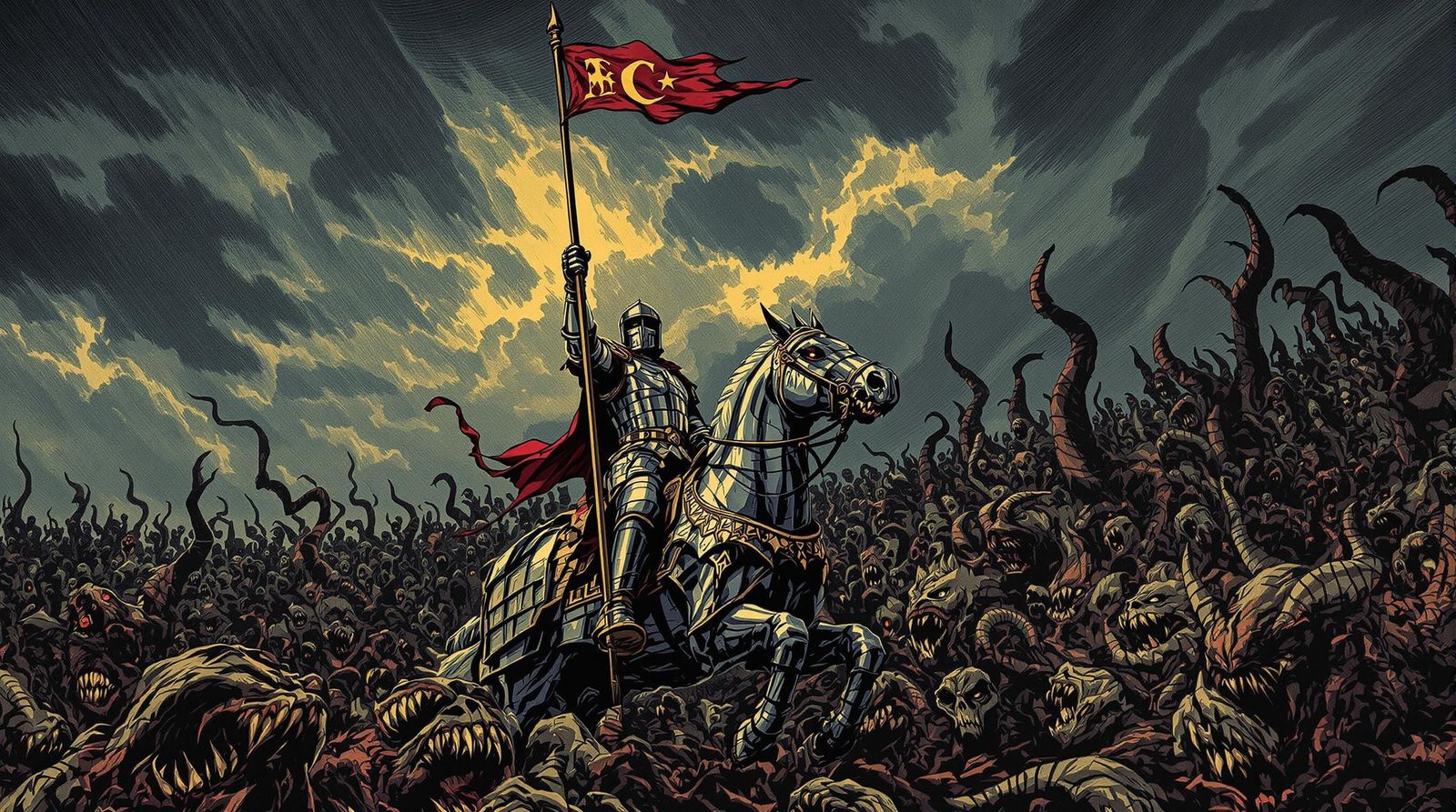 Medieval Knight Battles Twisted Demons in Dark Fantasy Woodc...