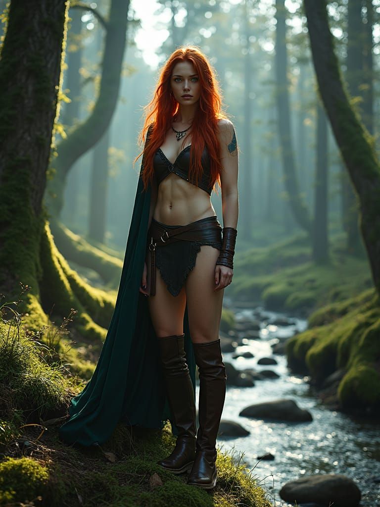 Viking Shieldmaiden with Flowing Red Hair in Nordic Forest