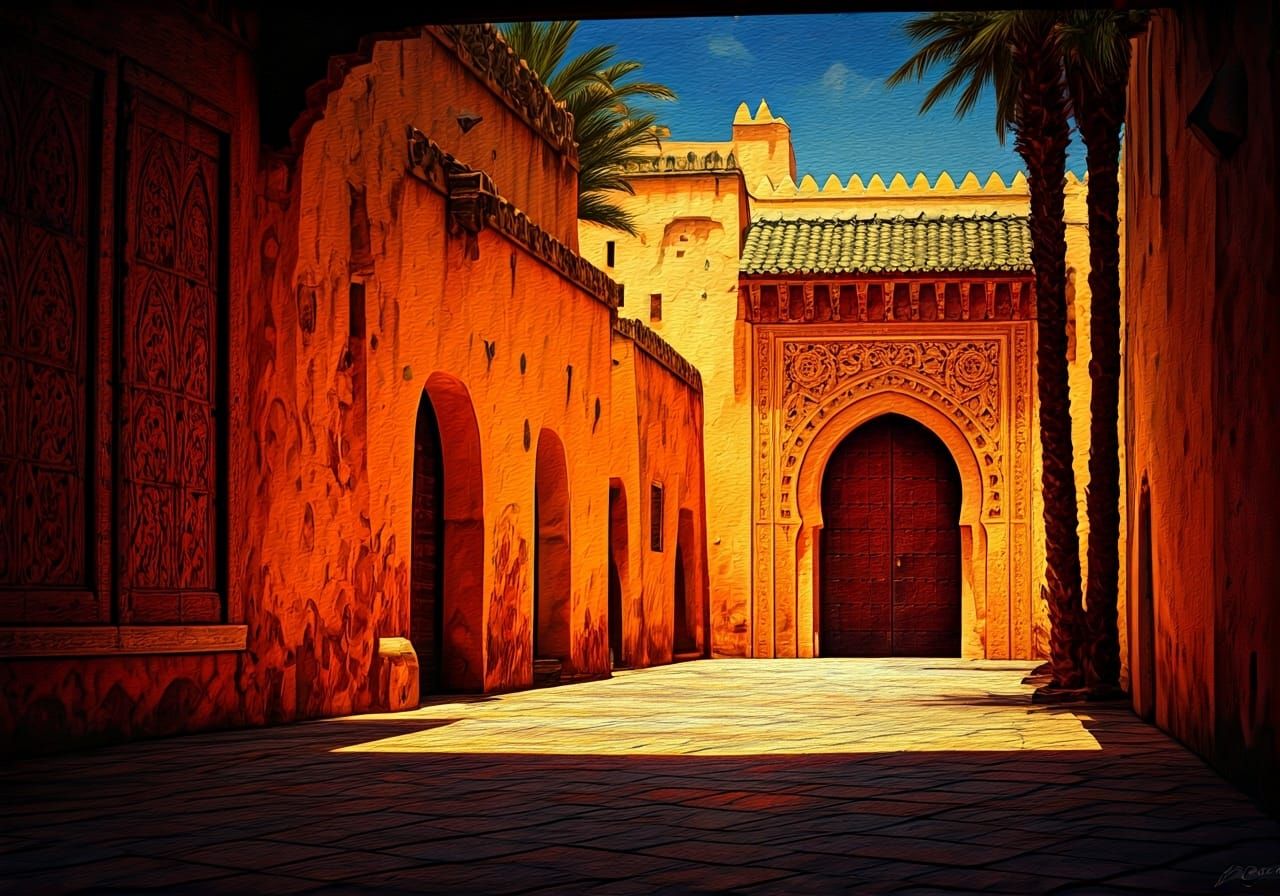 Moroccan Cityscape in Expressionist Oil Painting Style