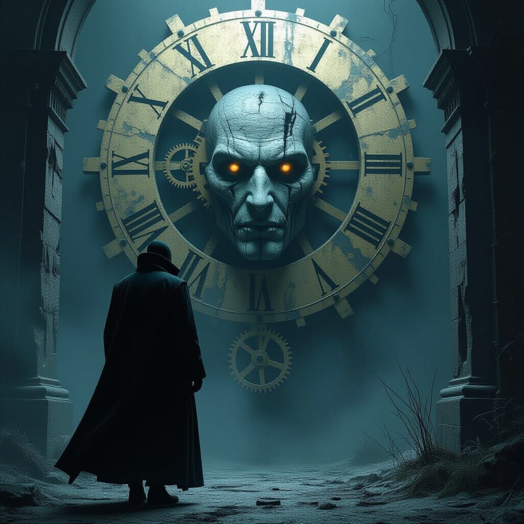 Eerie Clockwork Figure in Dark Surreal Landscape