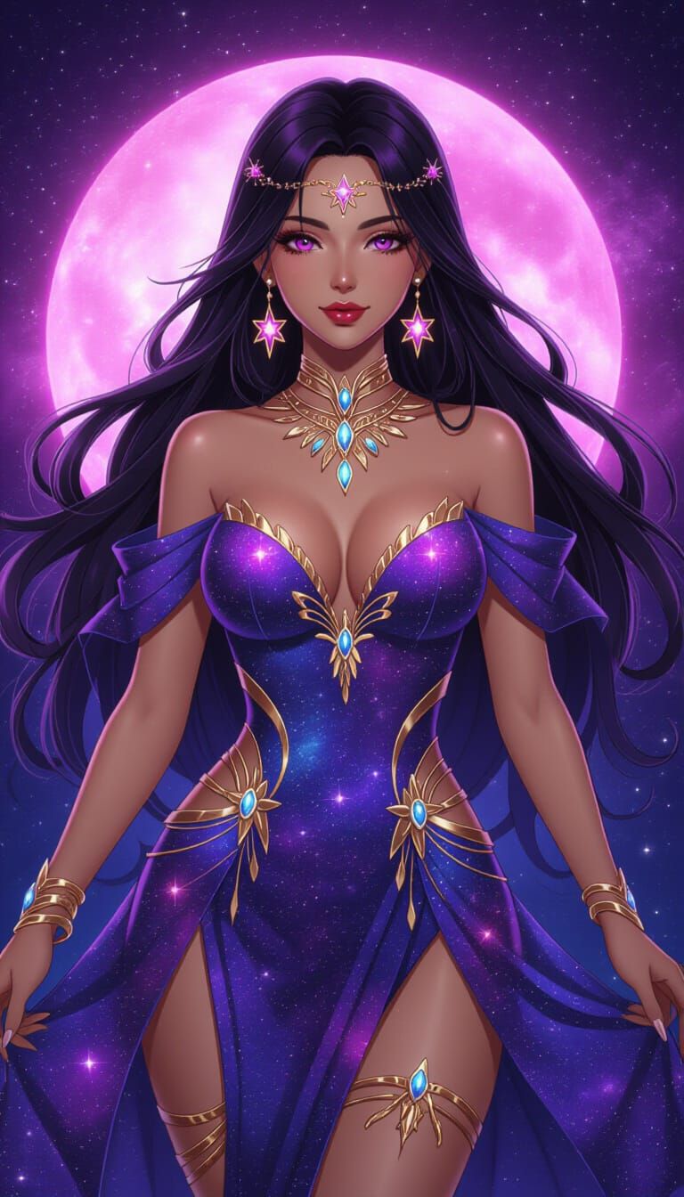 Galaxy Goddess with Cosmic Dress in Anime Style