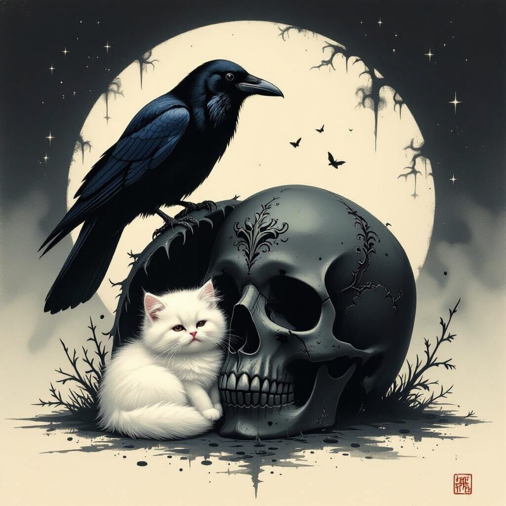 Gothic Skull with Cat and Raven, Dark Art