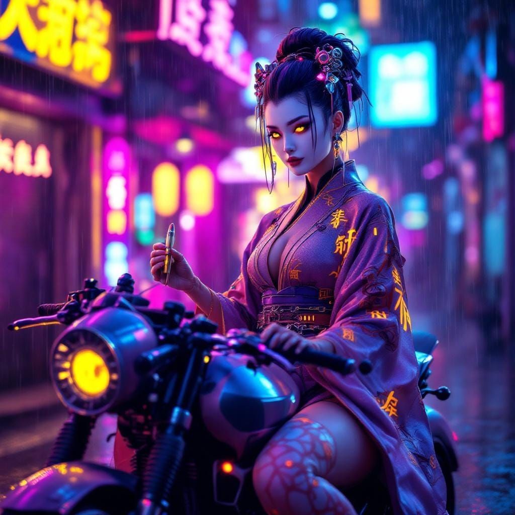 Cyber Geisha on Motorcycle in Neon Cyberpunk City