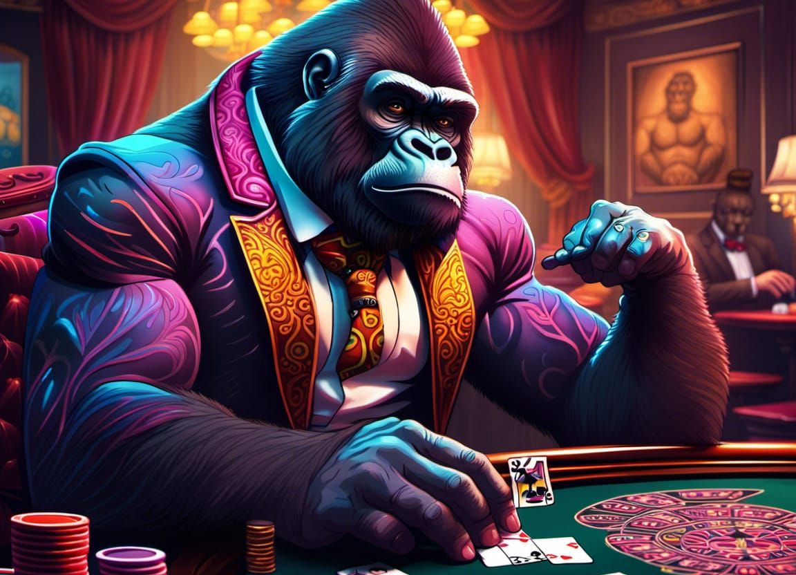 Gorilla Poker Player in Klimt-Inspired Digital Art