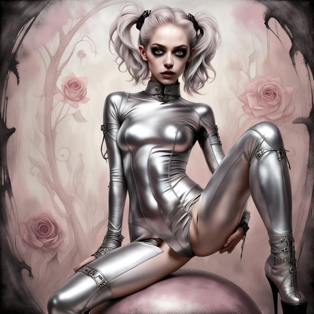 Gothic Kawaii Figure in Leather Outfit, Digital Art