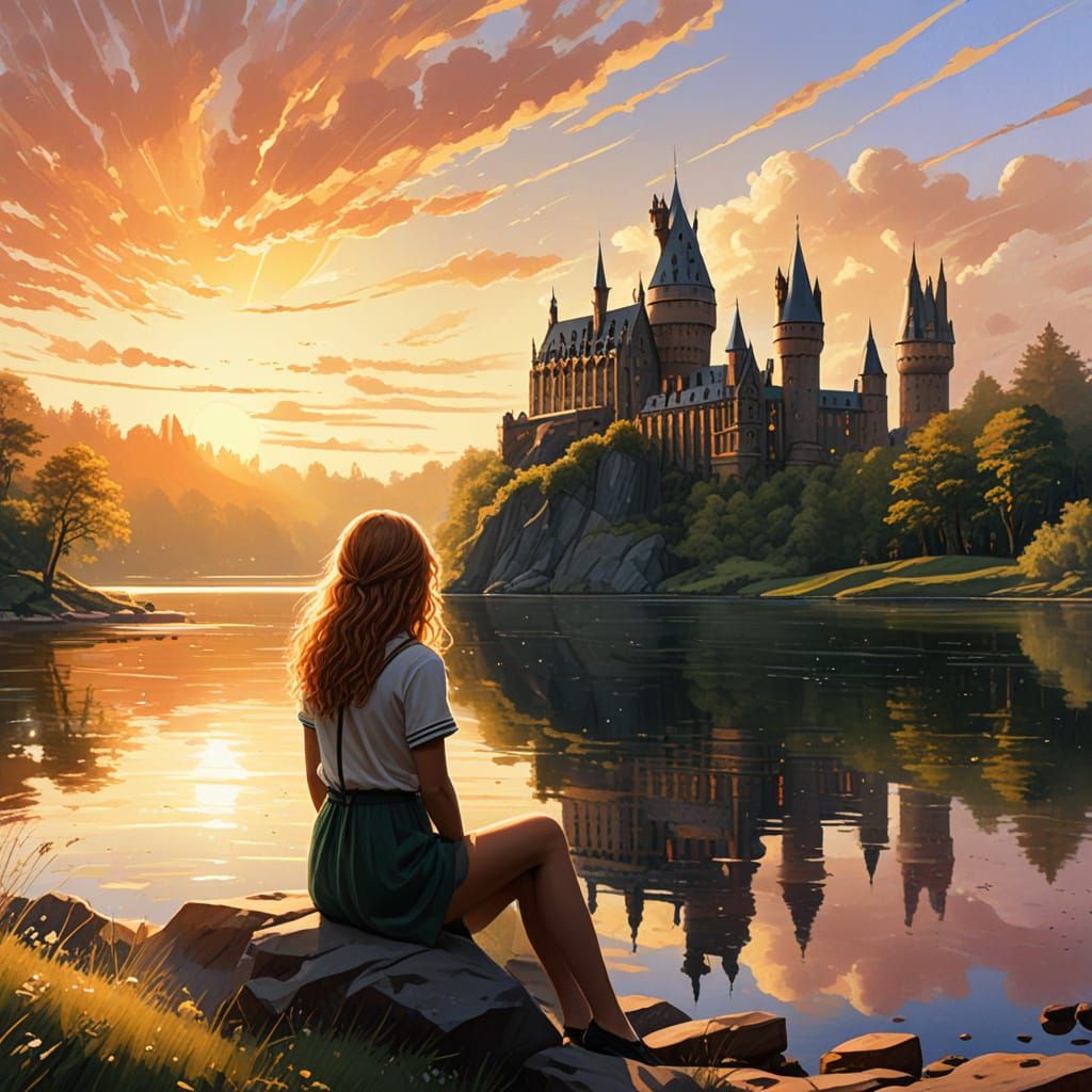 Hermione Granger enjoying a sunset by the Black Lake at Hogwarts