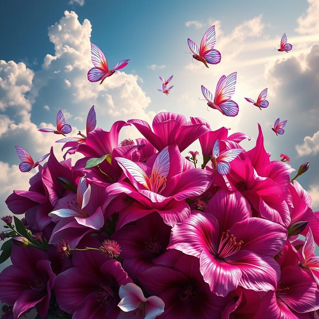 Exotic Blooms Dance with Iridescent Butterflies in a Dreamli...