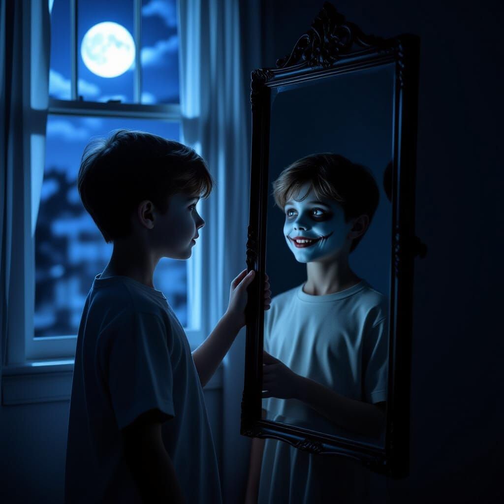 Eerie Boy Stares Into Mirror With Different Reflection
