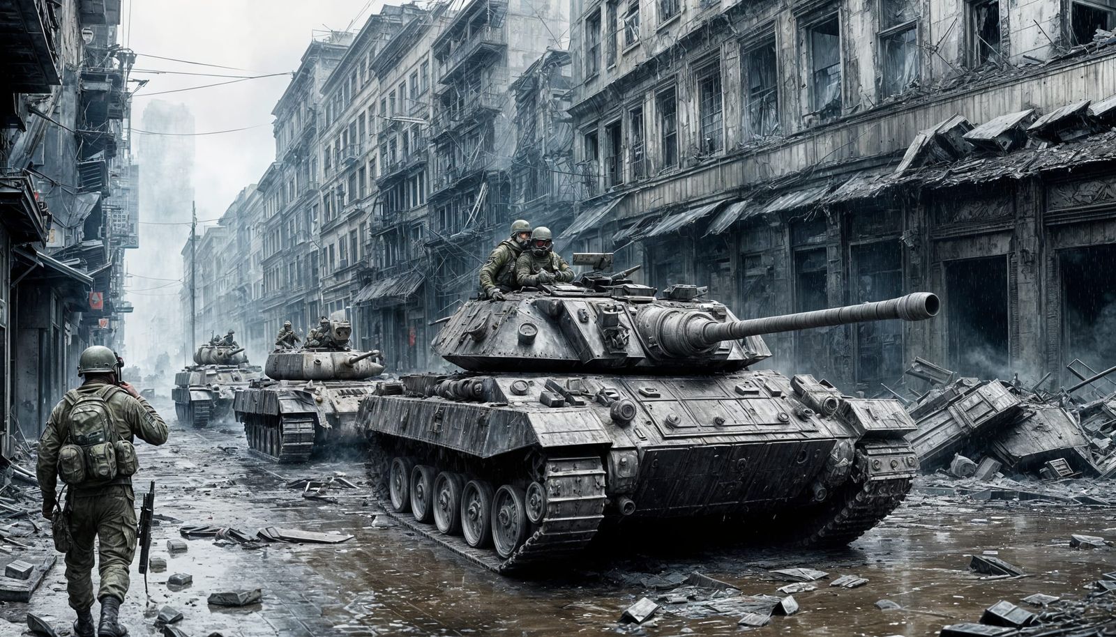 Destroyed Metropolis: War Tanks and Soldiers in Rain