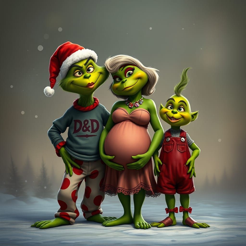 Friendly Grinch Family in Whimsical Fantasy Landscapes