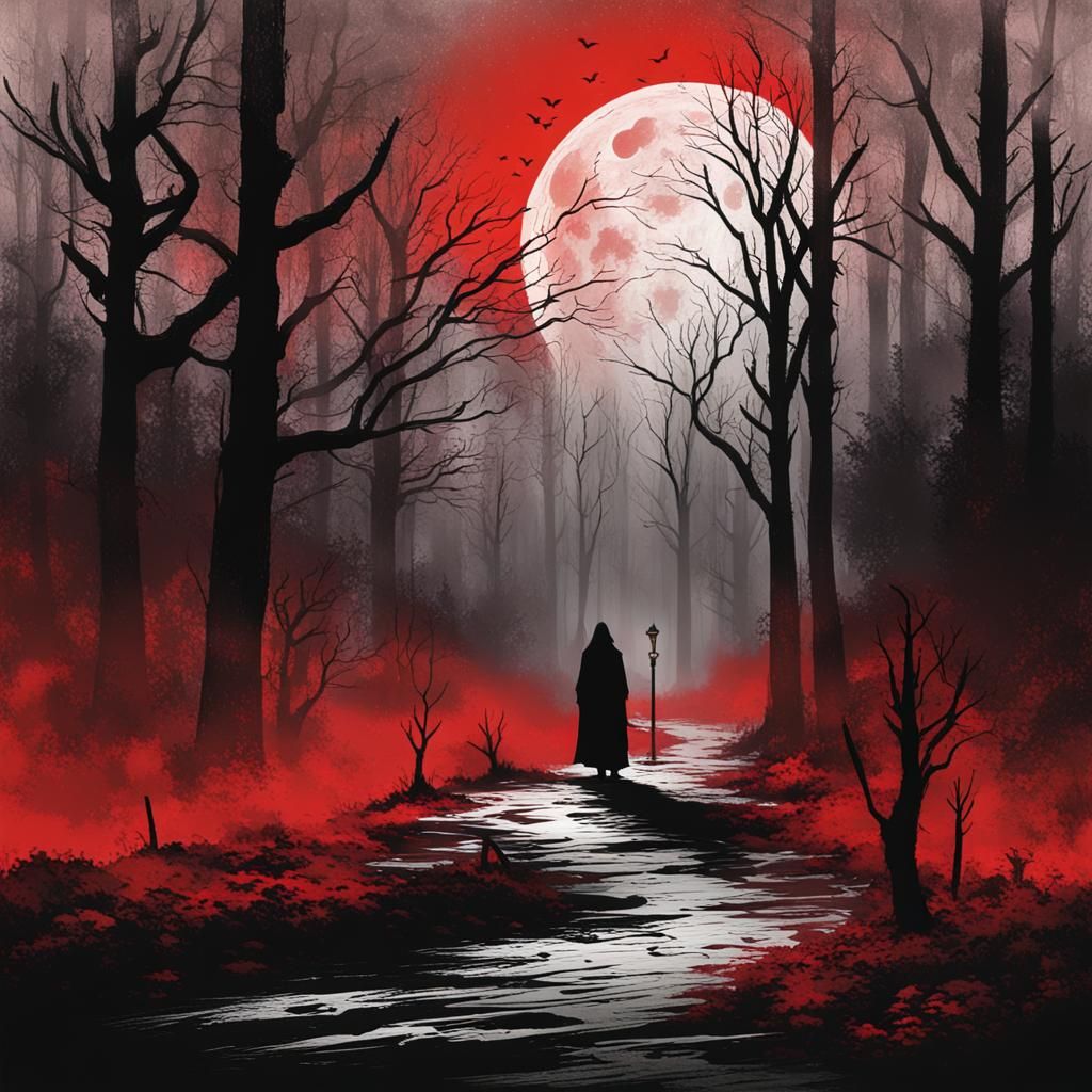 Mysterious Figure in Misty Forest Under Red Moon