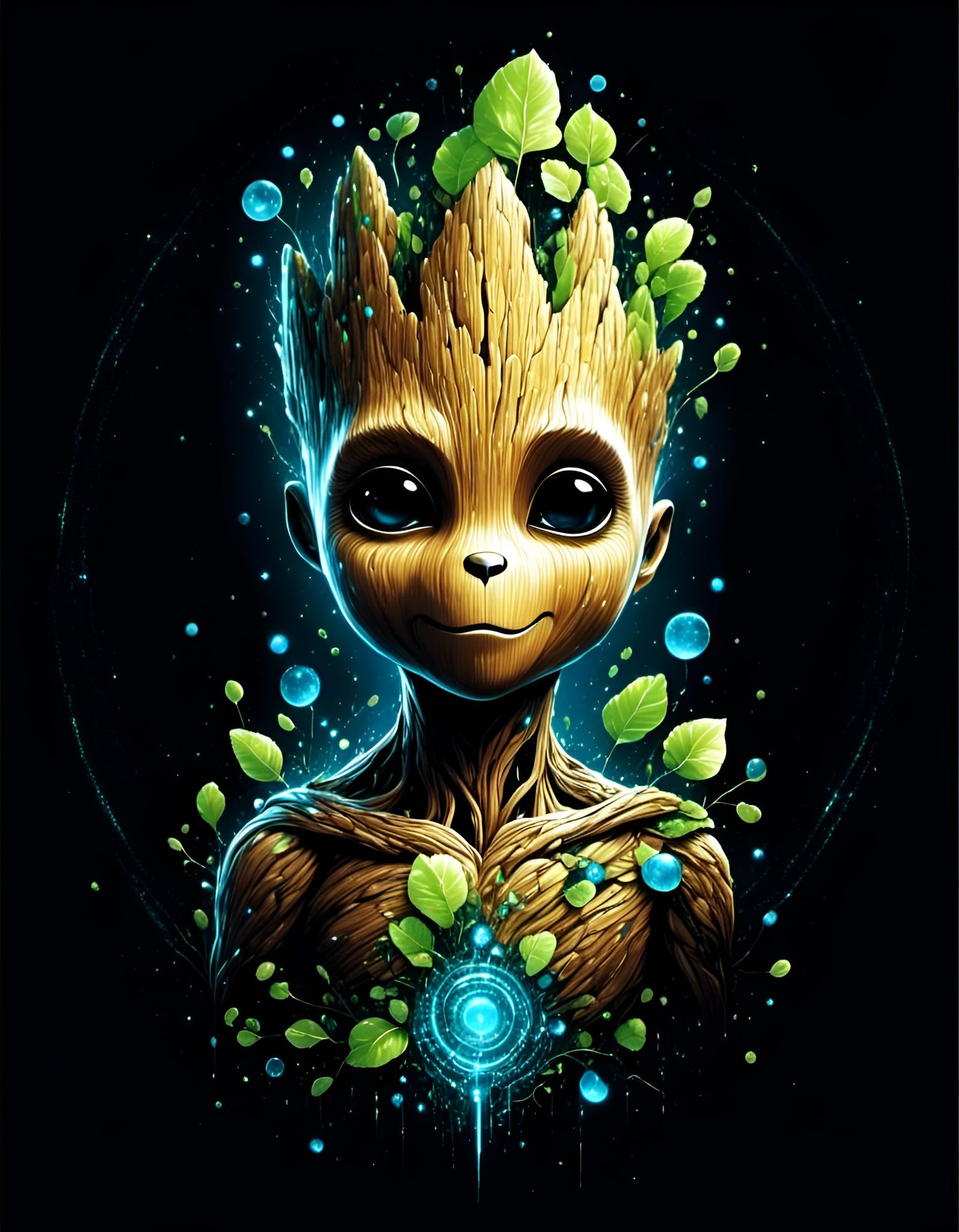 Luminescent Young Groot in Geometric Starfield