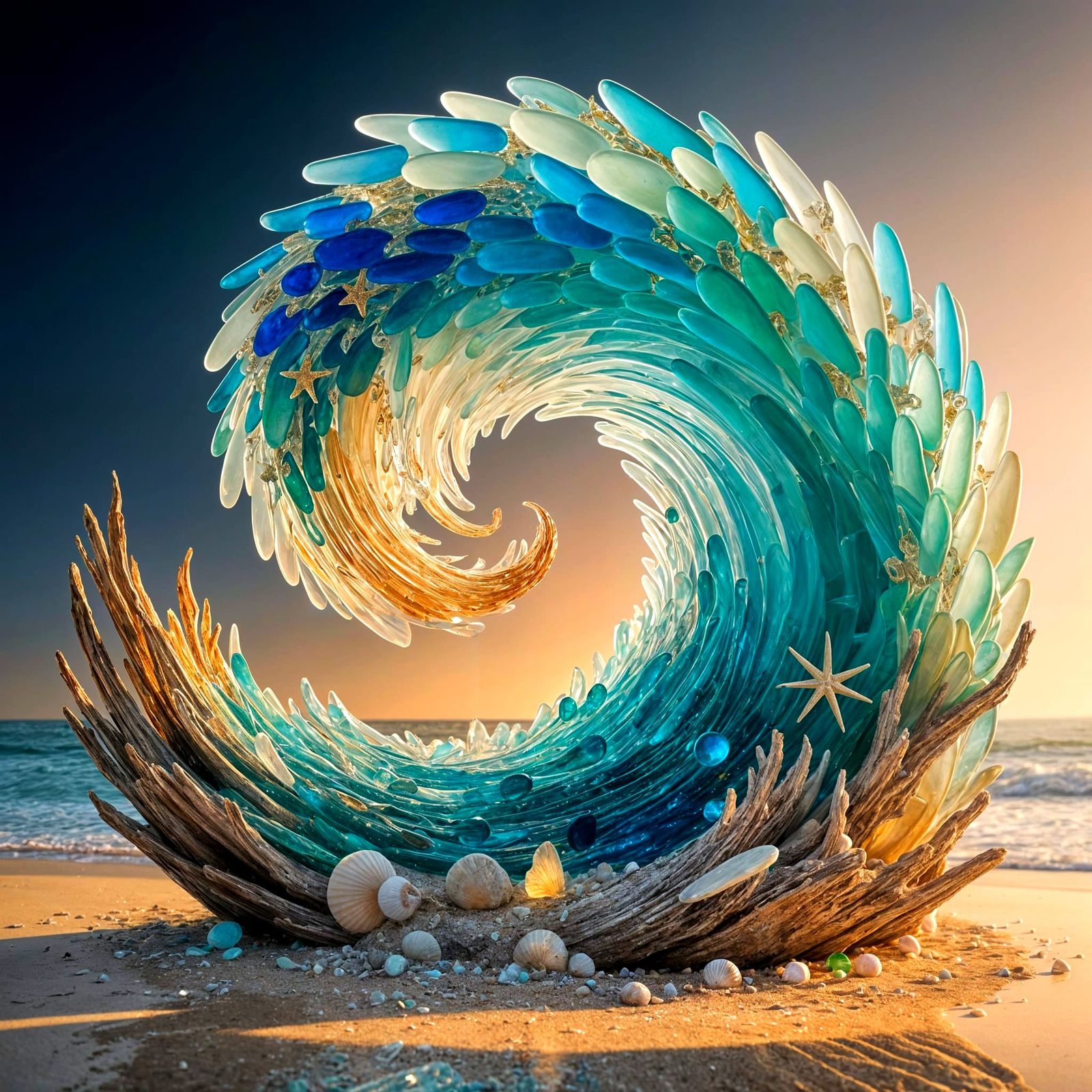 Sea Glass Sculpture of a Twisting Ocean Wave in Golden Light