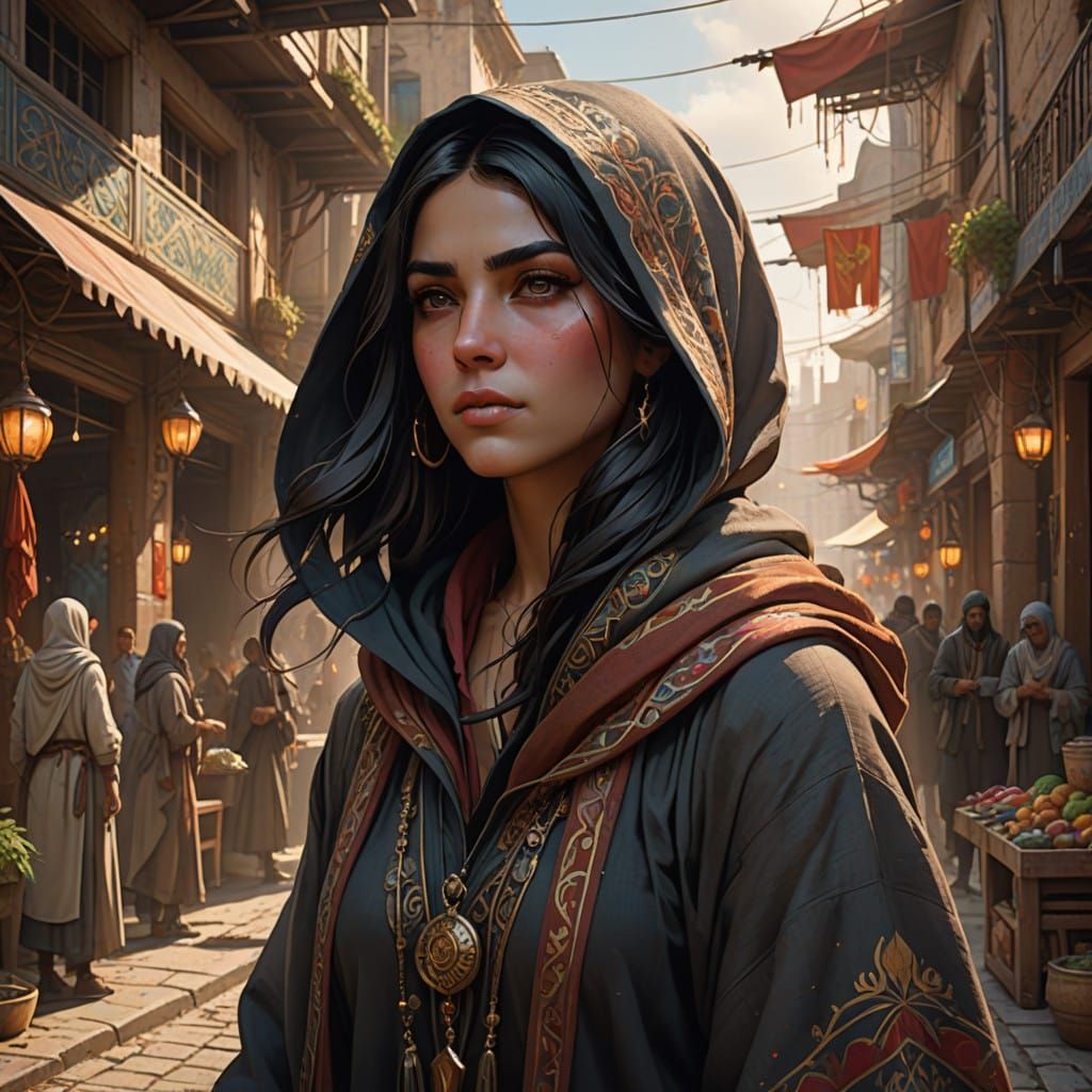 Mysterious Persian Woman in Vibrant Middle Eastern Market