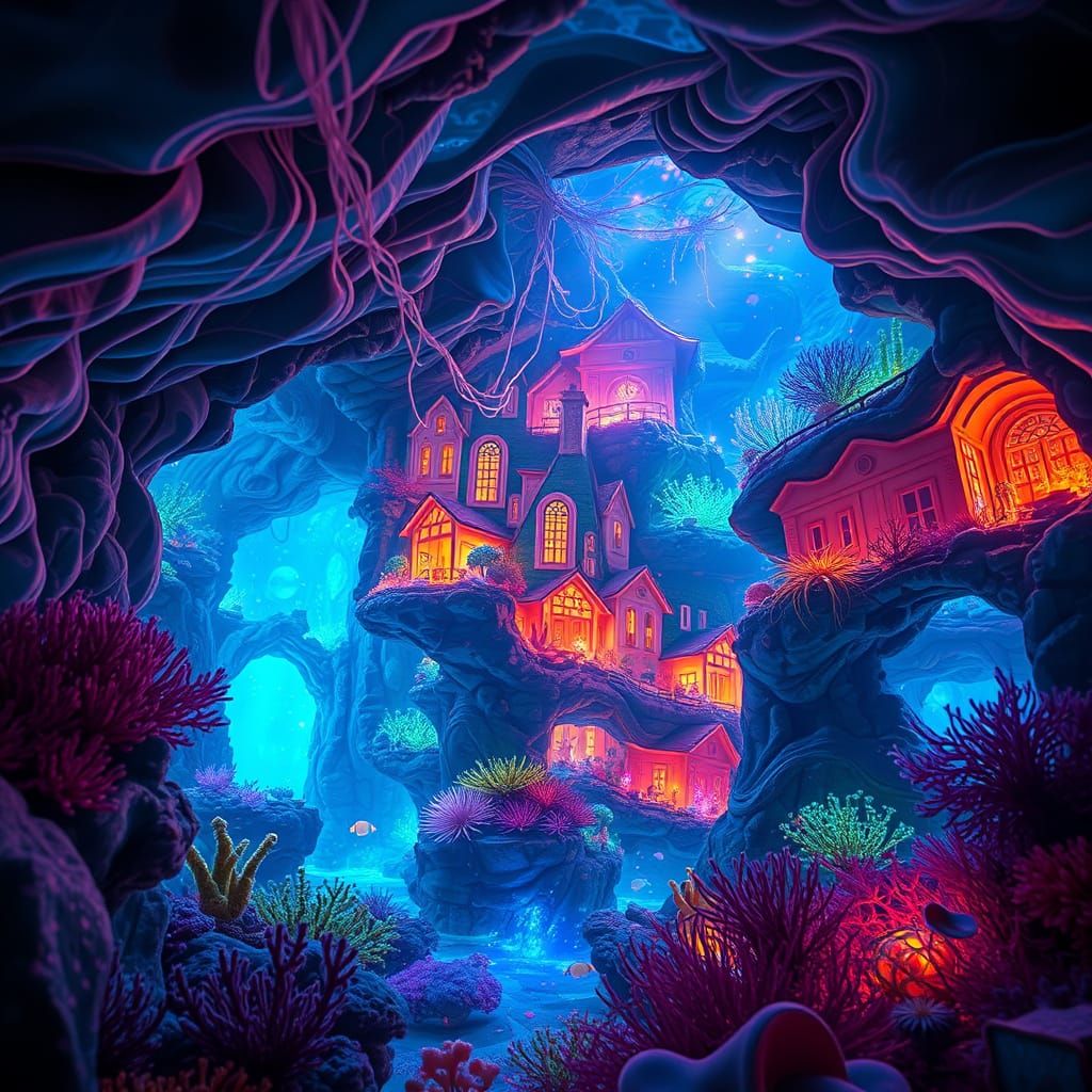 Bioluminescent Underwater City in Dreamy Style