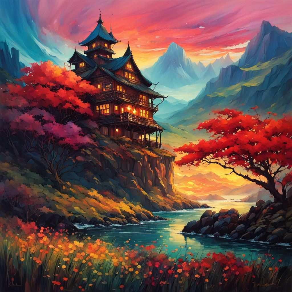 Vibrant Sunset Scene with House Above River