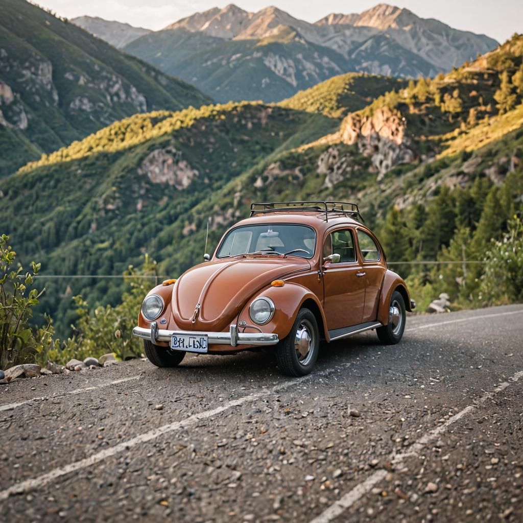 Vintage VW Beetle in Mountain Landscape