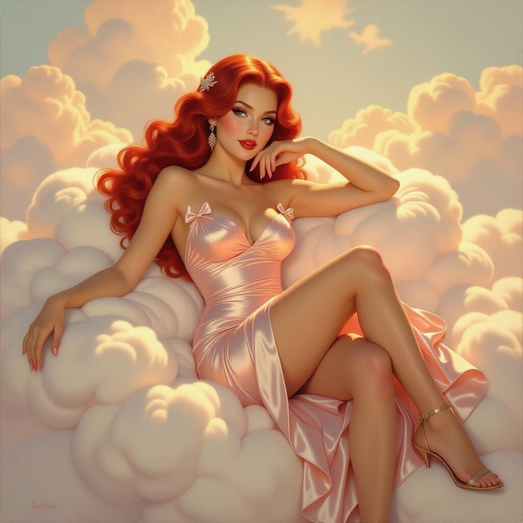 Aphrodite Goddess of Love in Silky Gown on Cloud