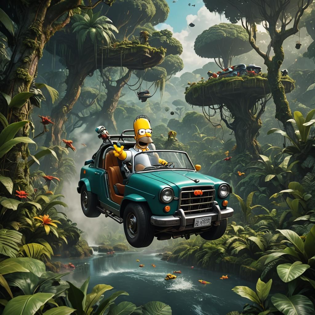 Homer Simpson Drives Flying Car: Fantasy Concept Art