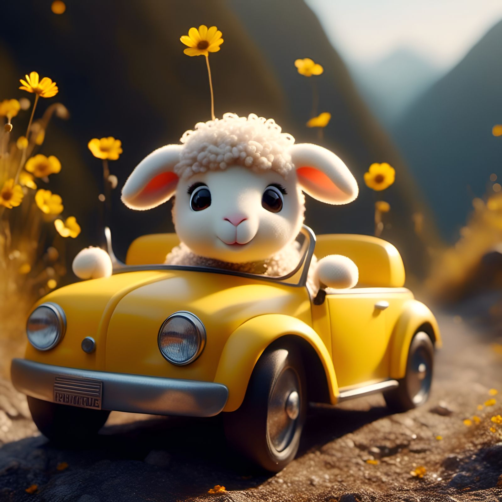 Adorable Sheep Drives a Yellow Car