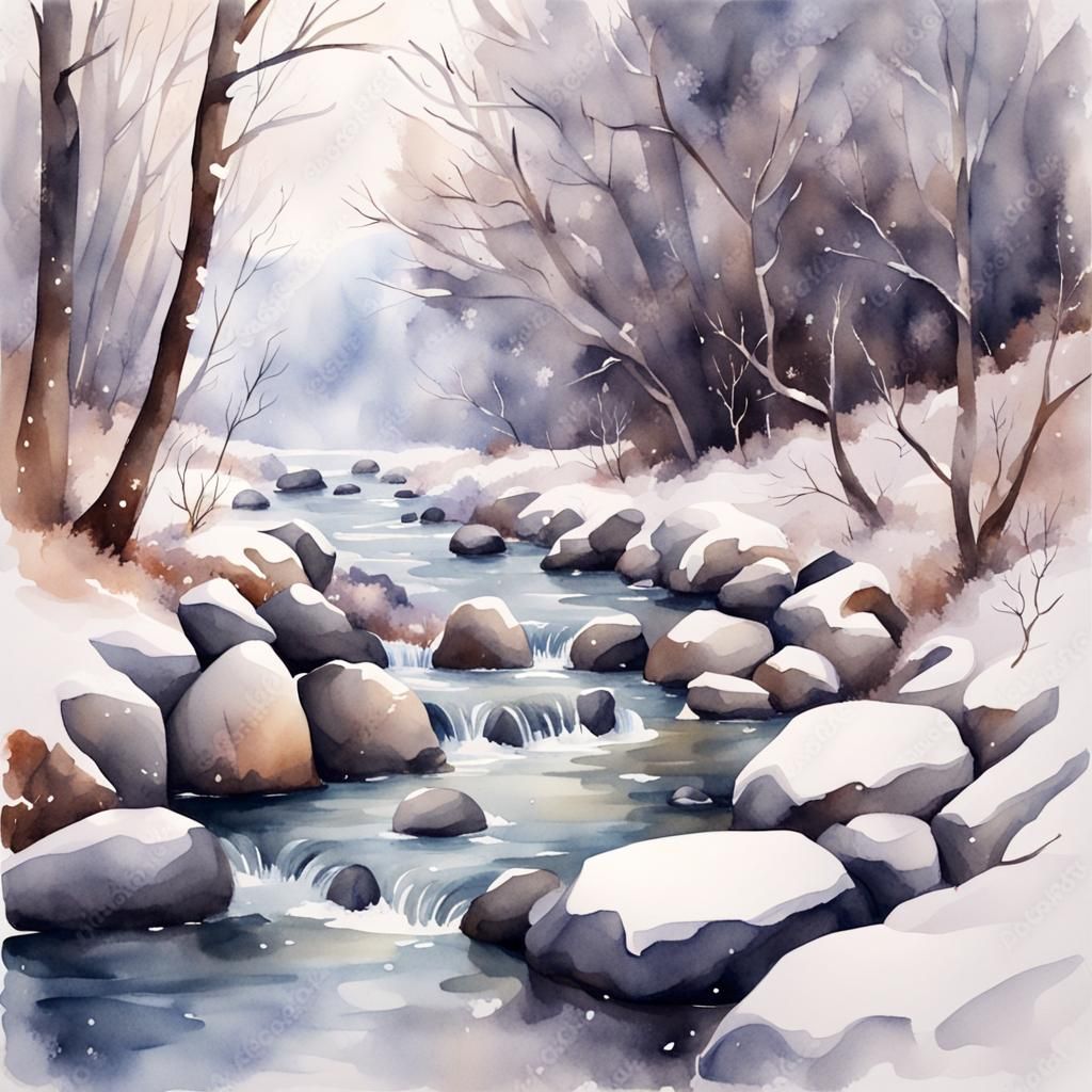 Winter River in Watercolor Landscape