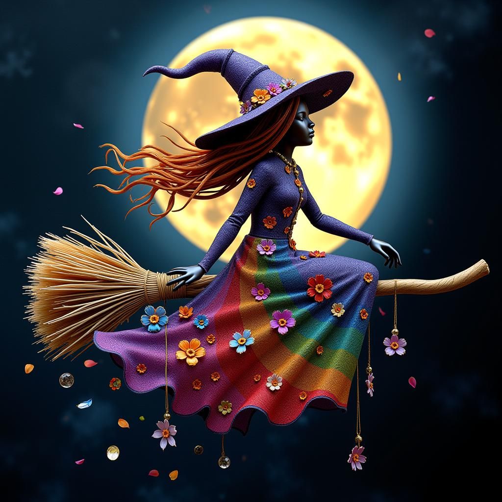 Rainbow Witch Flying on Broom with Glowing Gown