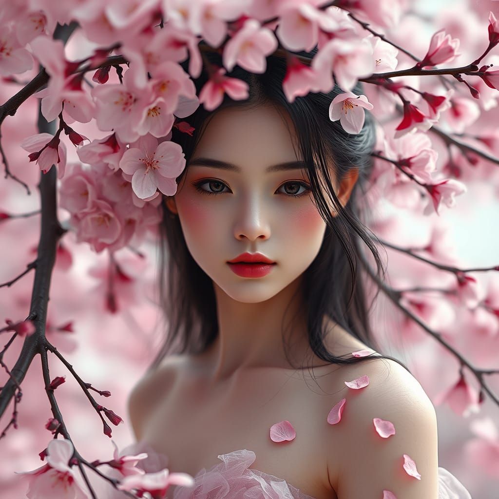 woman gracefully transformed into a blooming cherry blossom. Her skin is almost translucent, adorned with soft blush ton...