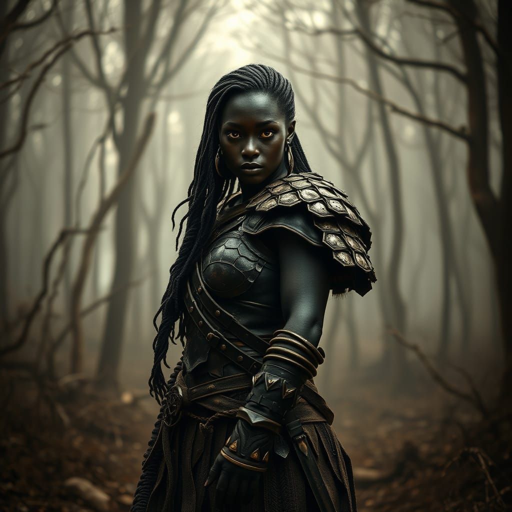 Powerful Black Warrior Woman in Ancient Forest
