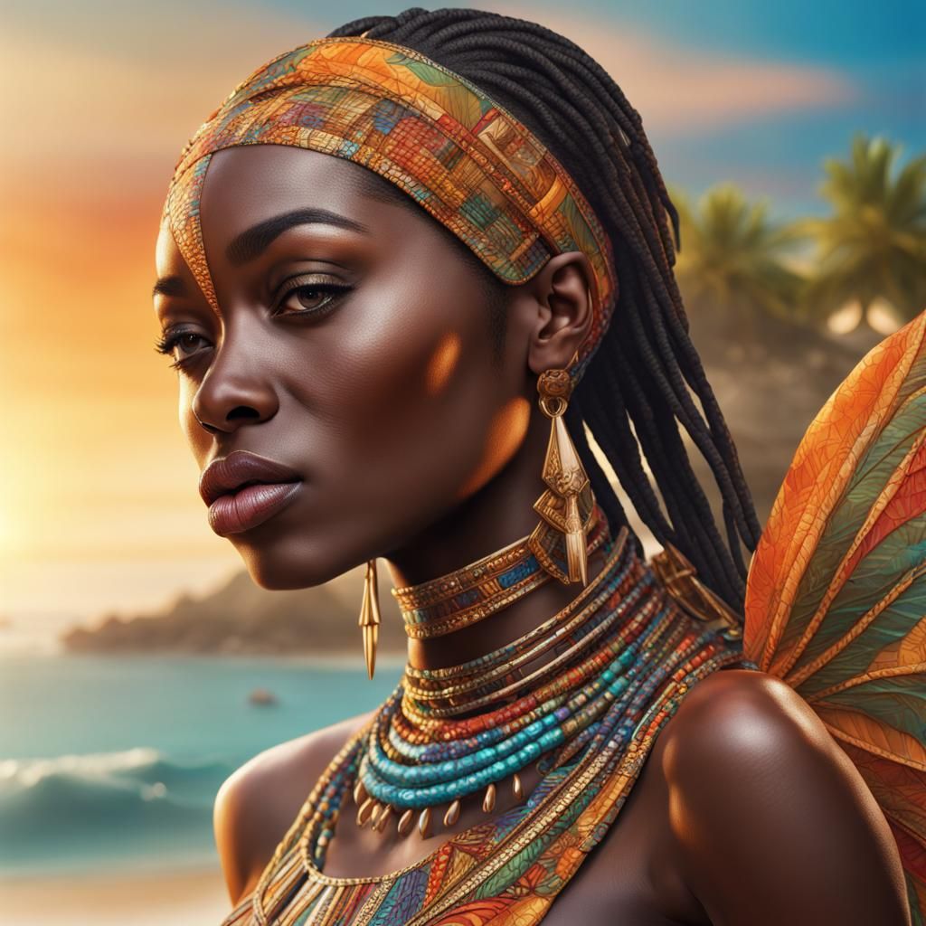 African Beauty in Costume on Beach, Hyperrealistic Art