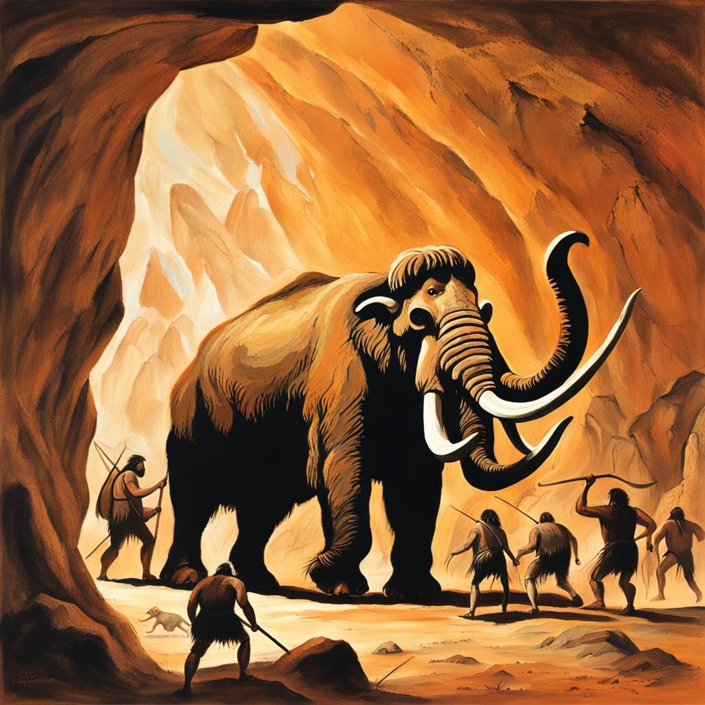 Prehistoric Mammoth Hunt: A Gouache Cave Painting