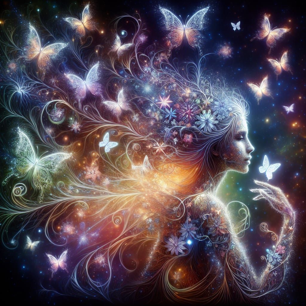Ethereal Woman Dissolving into Butterflies in Cosmic Garden