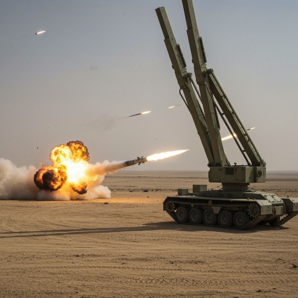 Iron Dome Interceptors Detonate Missile in Desert Landscape