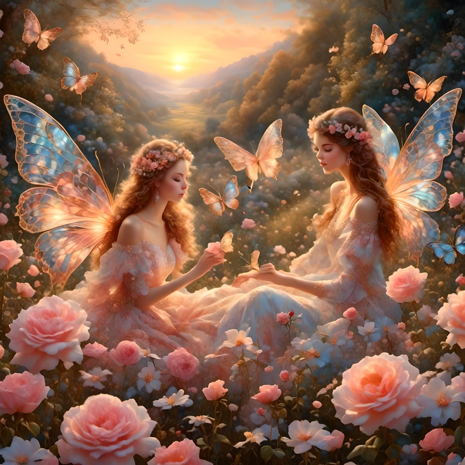 a stunning meadow with rose gold fairies