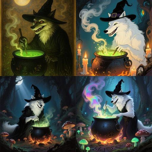 Wiccan Werewolf in Witch Hat Helps Brew Potions