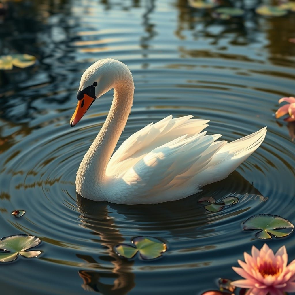 Ethereal Water Swan Emanates from Pond Surface