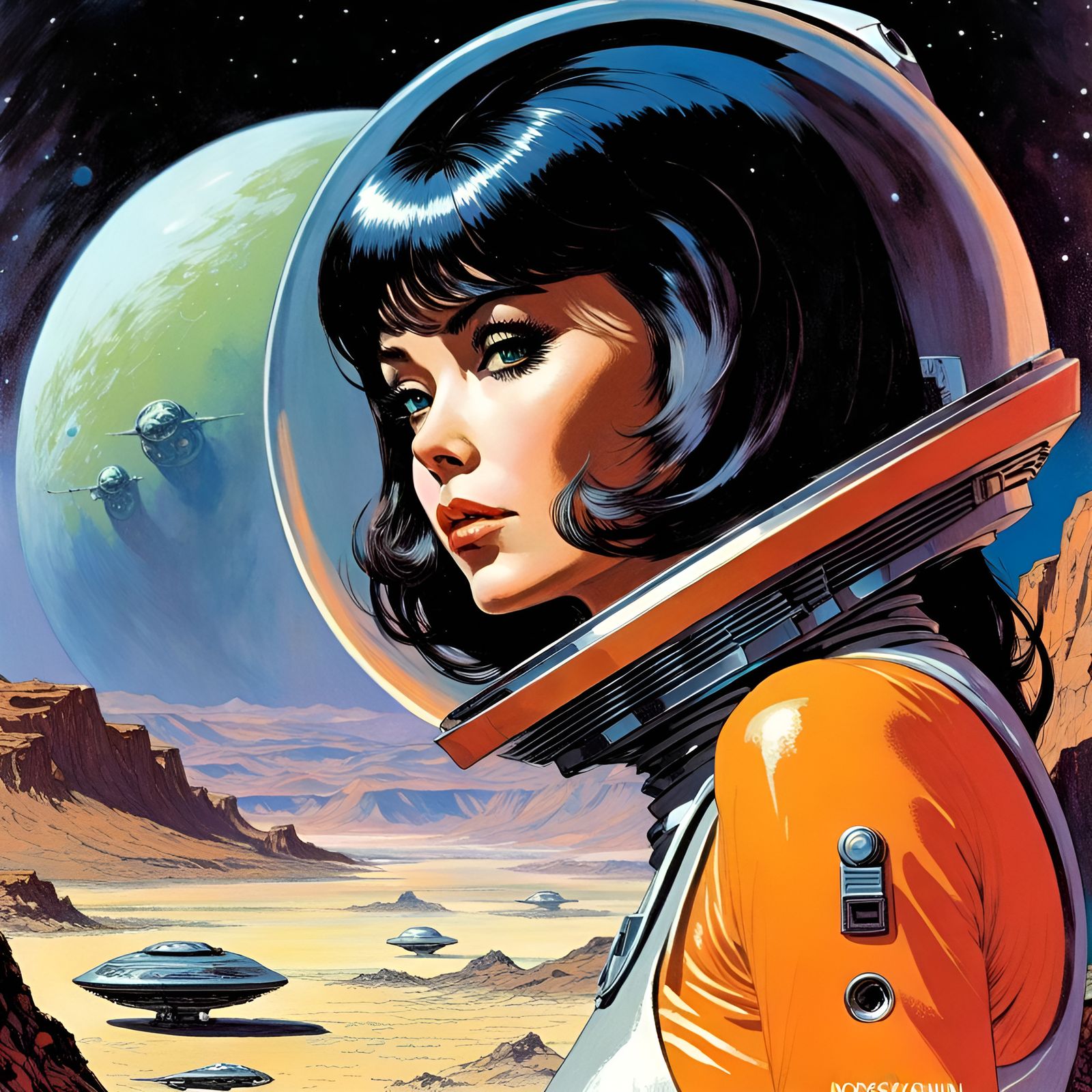 Astrogirl on Alien Planet in Retro Sci-Fi Style