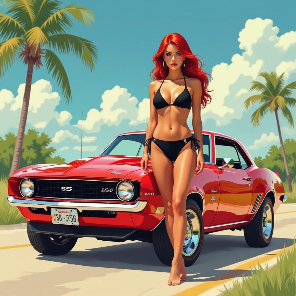 Redhead with Camaro in a Syd Mead Style