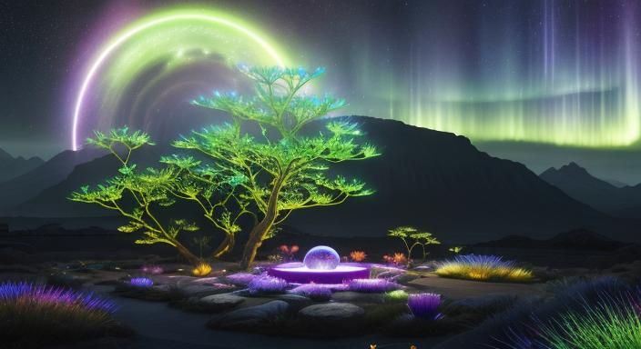 Futuristic Alien Zen Garden Under Cosmic Sky