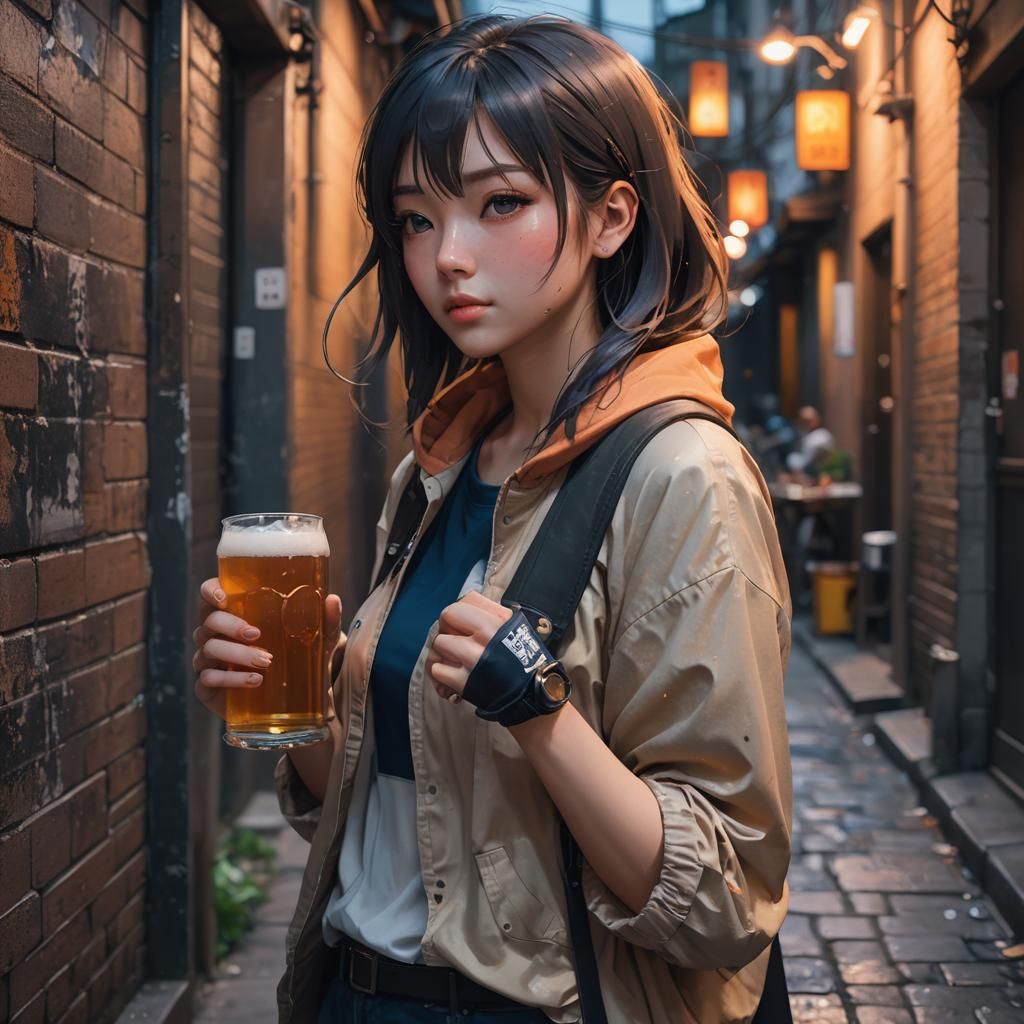 Anime Girl Drinking Beer in Dimly Lit Alley