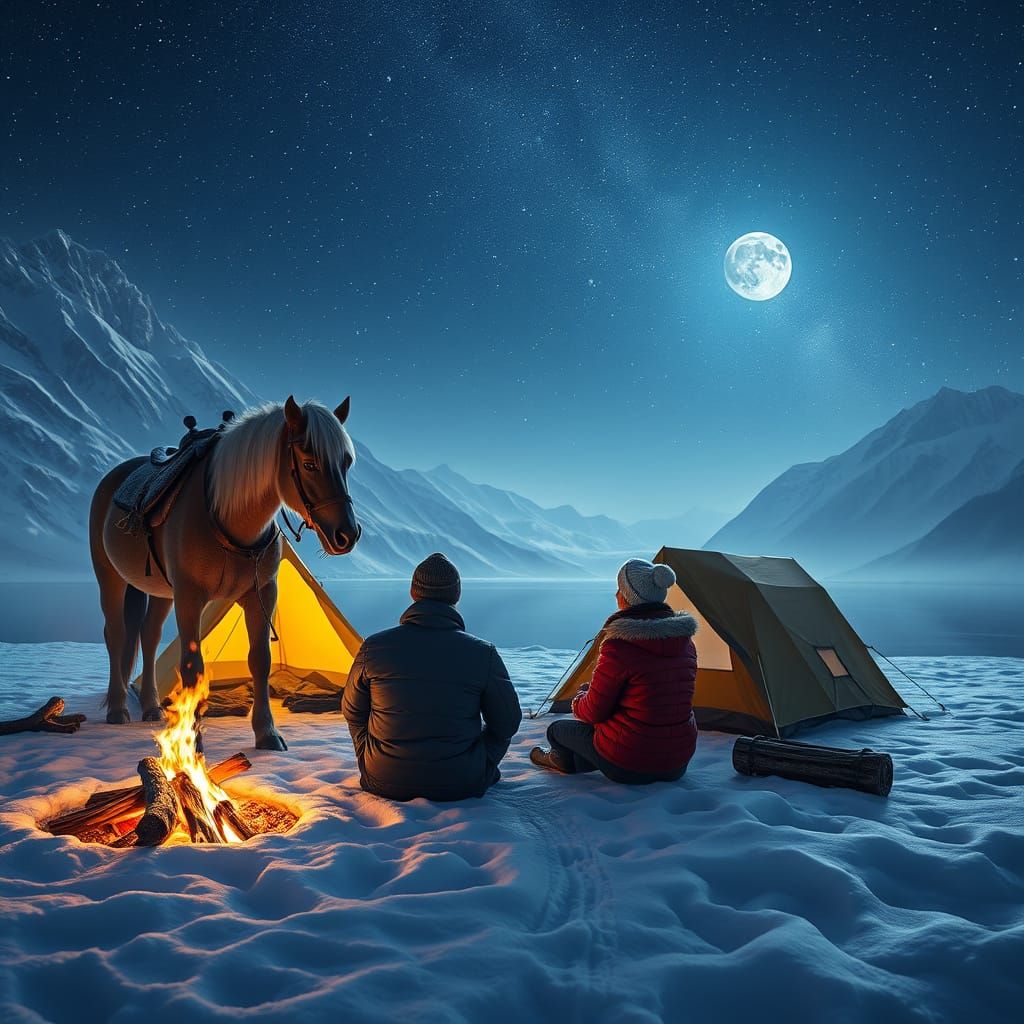 Couple's Winter Camping Scene under a Starry Night Sky