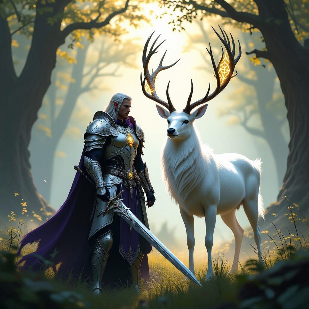Elven Warrior and Stag in Misty Forest Clearing