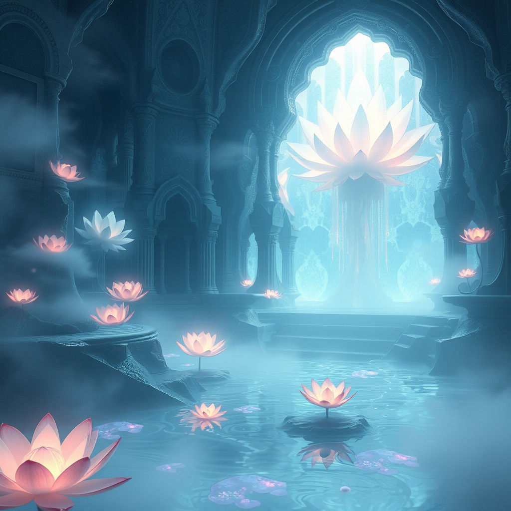 Mystical Water Garden with Shimmering Lights