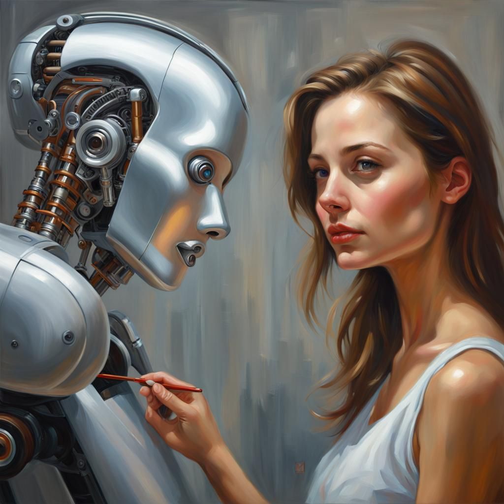 Woman and Robot in Grayscale Portrait