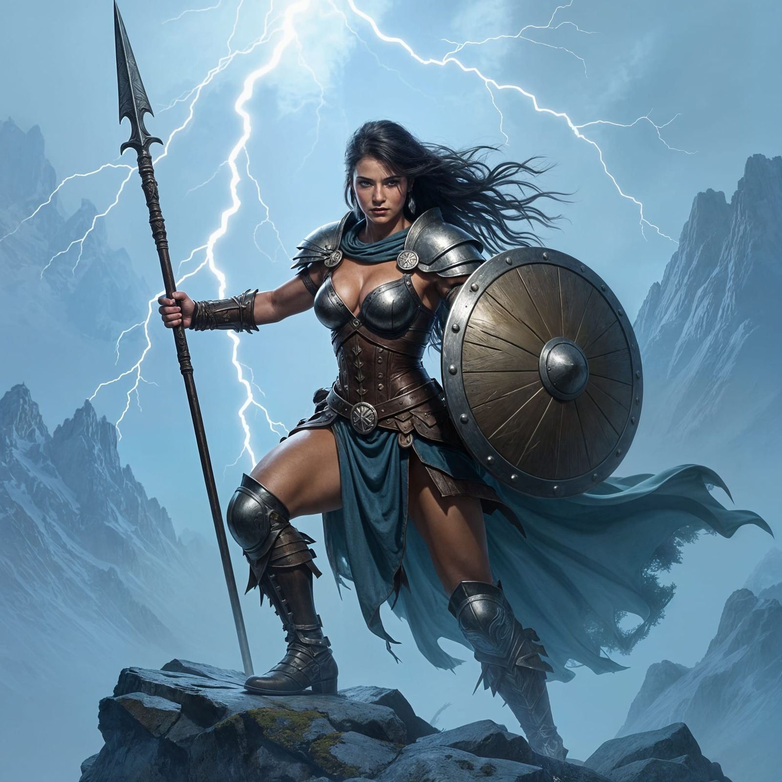 Valkyrie Warrior on Misty Mountaintop with Lightning